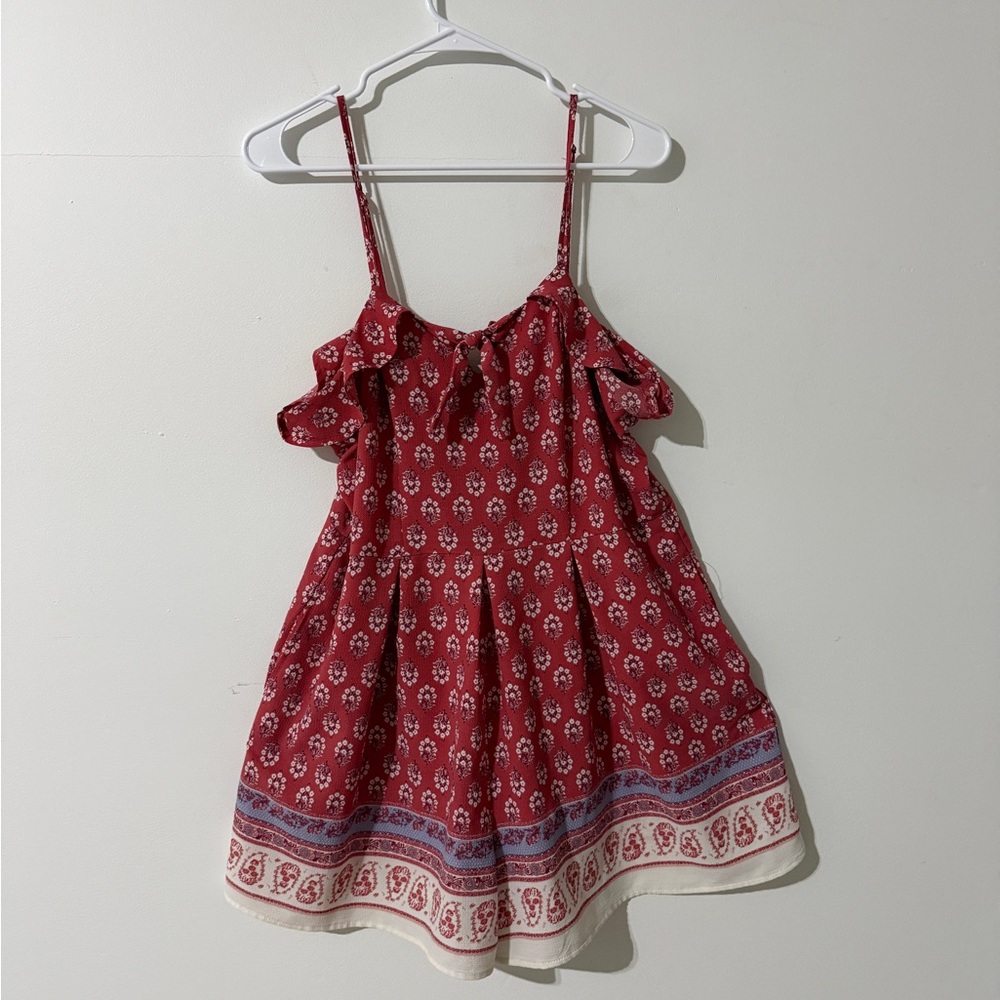 Xhilaration Floral Red Romper With Tie Collar Detail